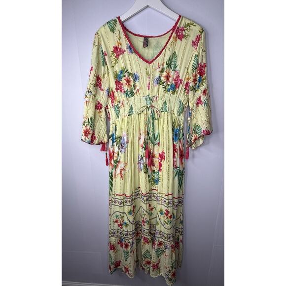 Me 2 Magic Anthropologie Womens Sz XL Yellow Maxi Dress Floral Tropical Boho - Picture 1 of 10